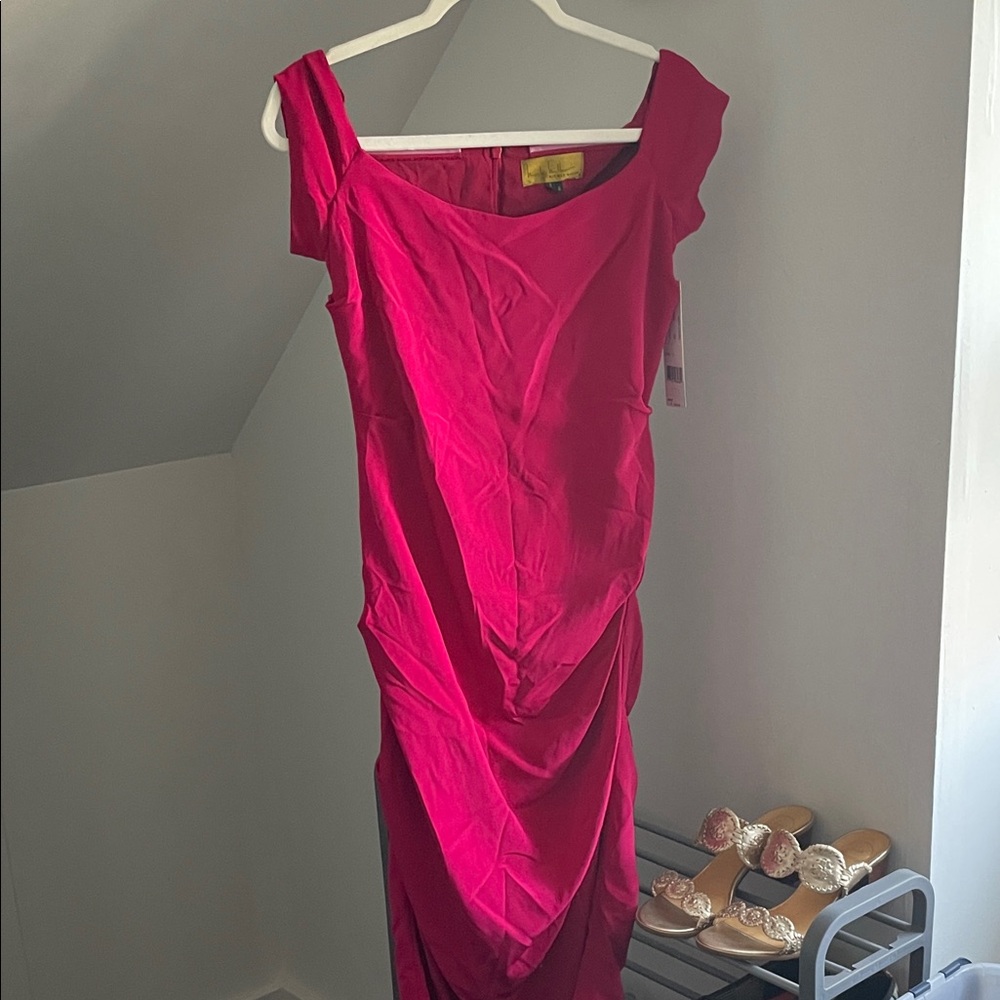 Nicole Miller silk Fuchsia Off-Shoulder Ruched Women’s Dress